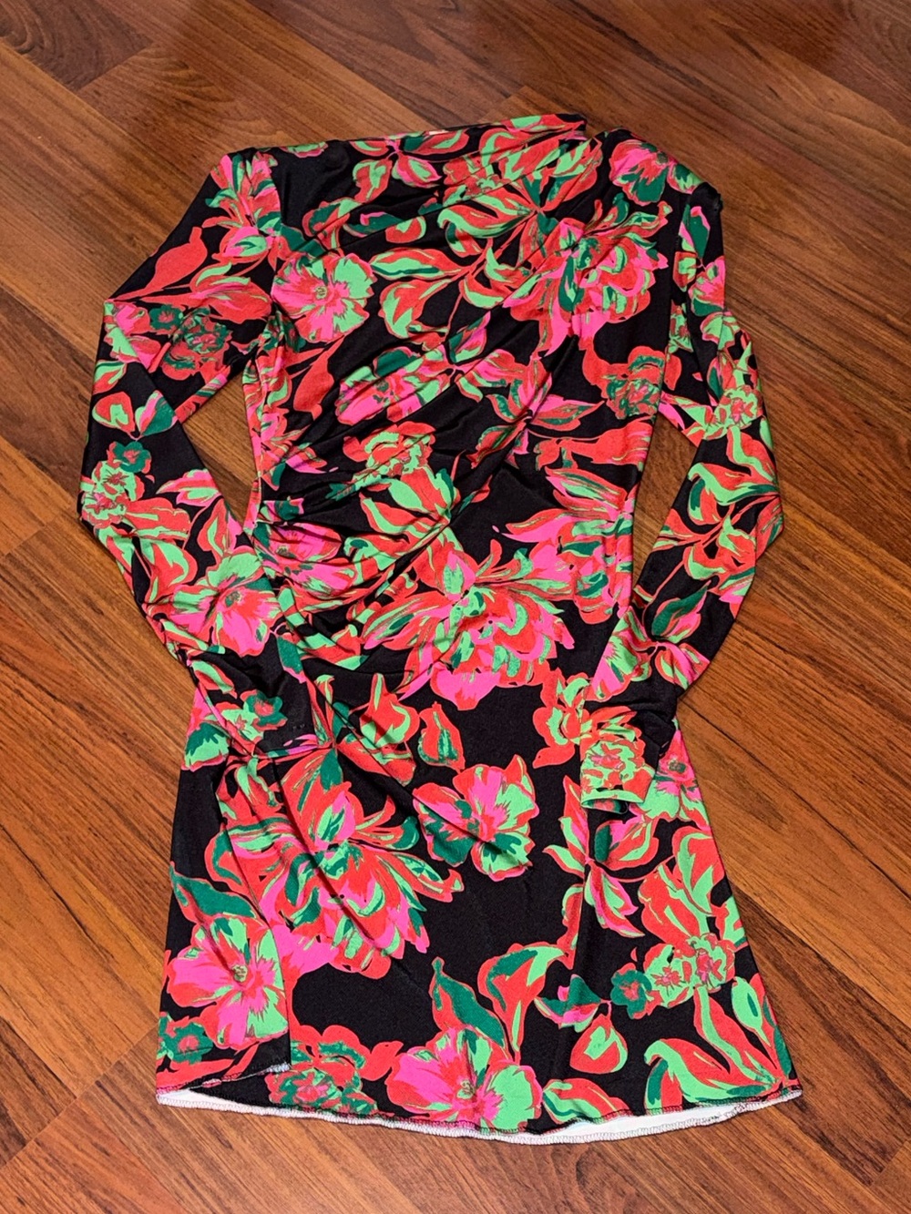 Zara Black Long-Sleeve Mini Dress with Red & Green Floral Print
